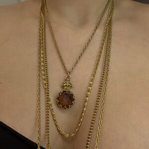 Vintage Victorian Goldette 4 Chains with Cameo Smoky Intaglio Glass Necklace